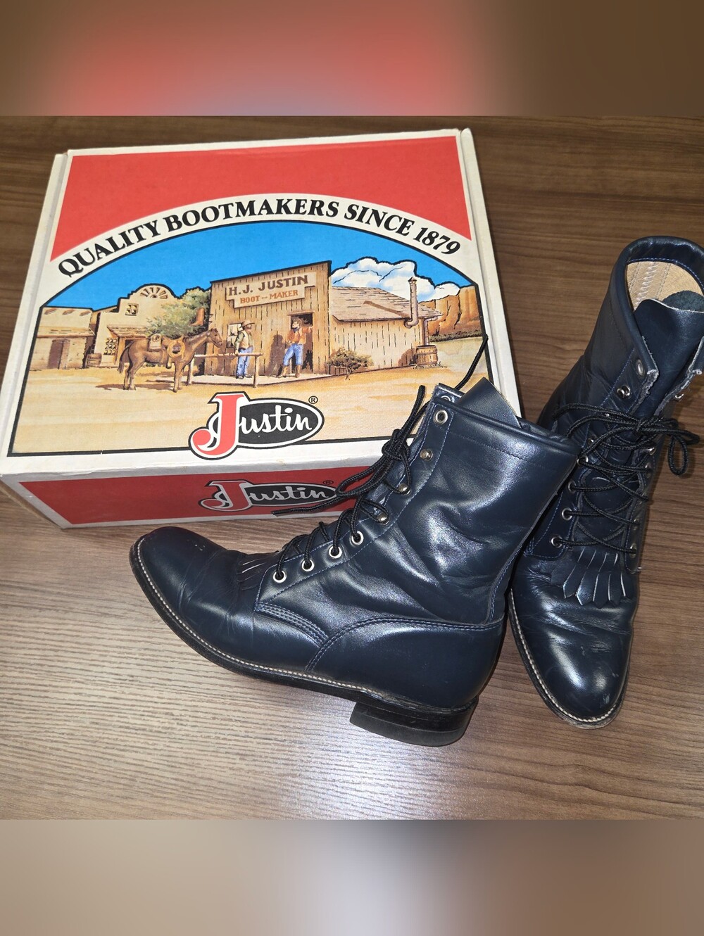 Justin Sz 8 B Roper Boots Kiltie Vintage Kipskin Leather Navy Lace Up L0504